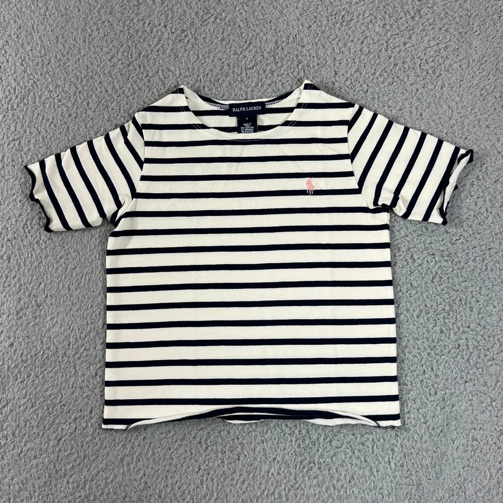 Ralph Lauren Striped T-Shirt Girls Size 5 Navy White Pink Pony Lettuce Trim NWT - Picture 1 of 9